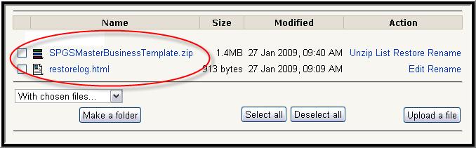 Moodle will return you to your File storage area. Note that the backup file (.zip) and a restore log (.html) have been saved to your Files.