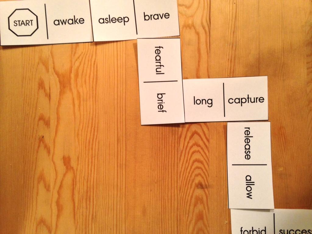 corresponding synonyms or antonyms are on separate domino cards, always on varying sides.