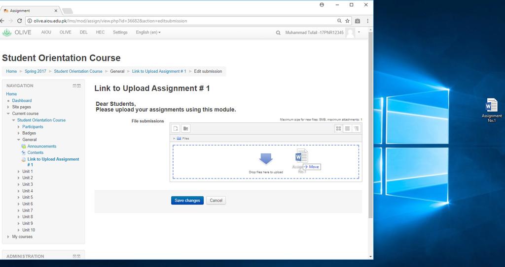 6.3 How to upload assignment (Step 3) On this page find and select the file using drag & drop method and click Save changes button as shown in Figure 20.
