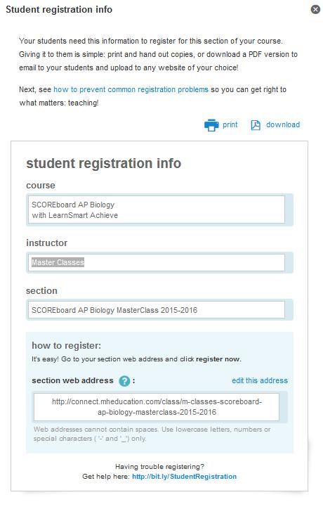 Registering Students In order to be part of a Section you have created, students must register.