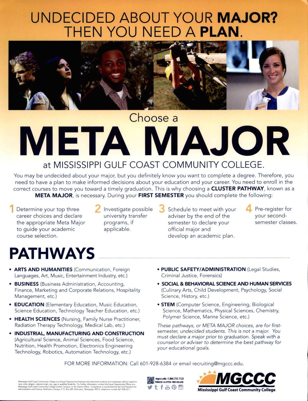 UNDECIDED ABOUT YOUR MAJOR? THEN YOU NEED A PLAN. as t % Choose a META MAJOR at MISSISSIPPI GULF COAST COMMUNITY COLLEGE.