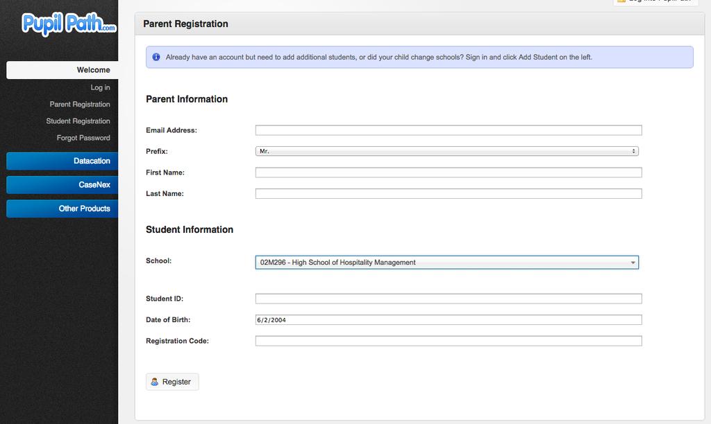 3. This will now be the screen you see after clicking on Parents Register. 4. Enter your E-mail Address in the first box, this is not optional.