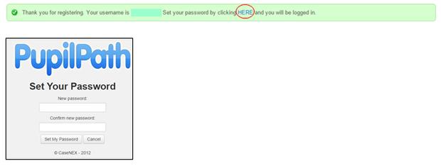 11. You will then see a small green message on the top, the message will thank you for registering and ask you to set your password by clicking the blue word 'HERE'. 12.
