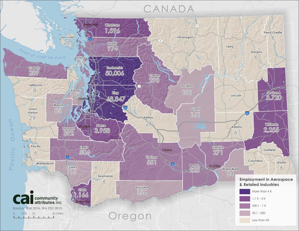 Aerospace & Related Jobs by County, 2015 Sources: Washington State Employment Security Department, 2016; Washington