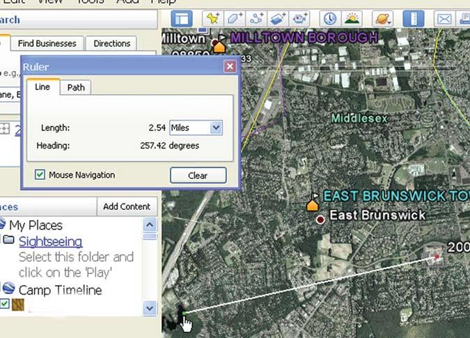 6. In Google Earth, measure from your school to the water. First, go to the Tools menu and select Ruler. A small window, labeled Ruler, should appear.