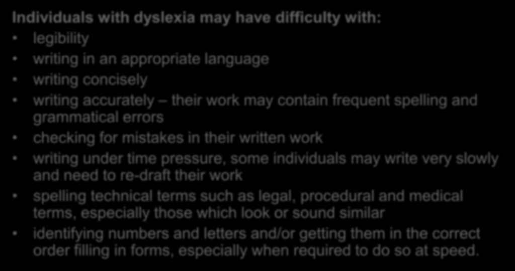 Writing and spelling Individuals with dyslexia may have difficulty with: legibility writing in an appropriate language writing concisely writing accurately their work may contain frequent spelling