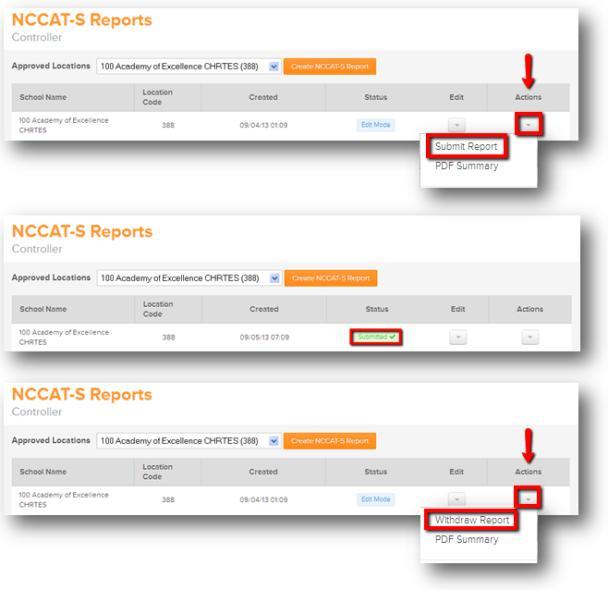 Online NCCAT-S Submission Process When all necessary components of the report are completed submit your plan. Go to the Actions drop down menu and select Submit Plan from the home page.