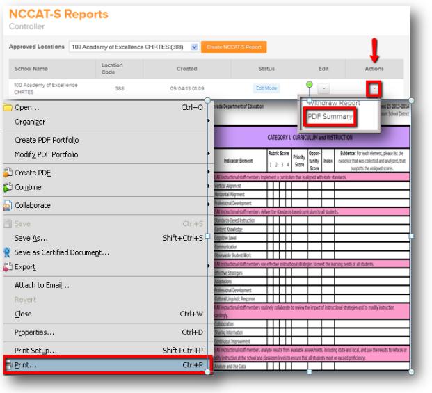 NCCAT-S Final Summary Report Due May 30, 2014 Save/Print To print the NCCAT-S report, go to the Actions drop down menu and select PDF Summary. A pop up message will prompt you to save the PDF Summary.