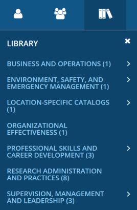 Top Menu The Top Menu will appear on every page. Hover over each icon to see where they will take you. Library: View courses, organized by topic. Search: Search the site for training.