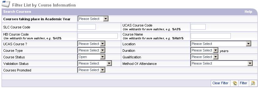 The Maintain Courses screen is split into two separate sections, the Course Filter and Create Course sections.