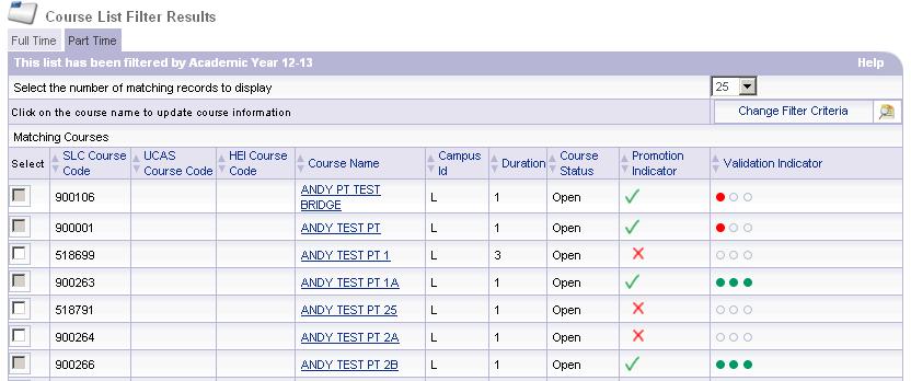 If not specified in the Course Filter screen all courses will be returned on an AY search. The full time and part time courses are separated on two tabs.