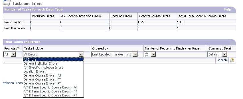Tasks & Errors Course information for both full and part time courses that has not passed primary, secondary or designation validation is redirected to the Tasks and Errors screen.