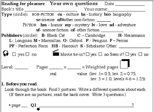 Your own questions form Learners using this form are asked to preview the book by looking at the title and cover illustration and to read the blurb on the back of the book.
