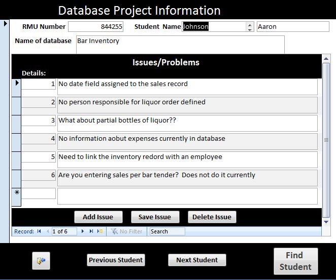 Sample screen of Student database project