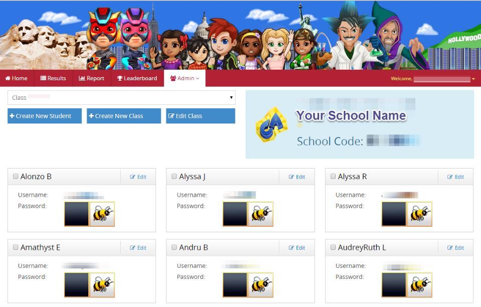 LOG OUT ADMIN Admin area allows the teacher to view student usernames and passwords, change student passwords, move