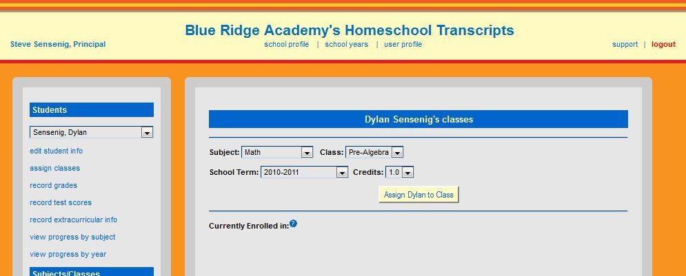 ADDING STUDENT ACADEMIC DATA Clicking "assign classes" will bring up a class selection window for this student.