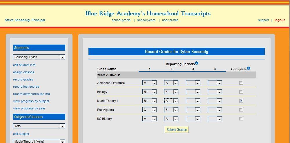 In the example above, you can see that I have already filled in the first two reporting periods. Also, note the "Complete" checkbox to the far right of each class's row of grades.
