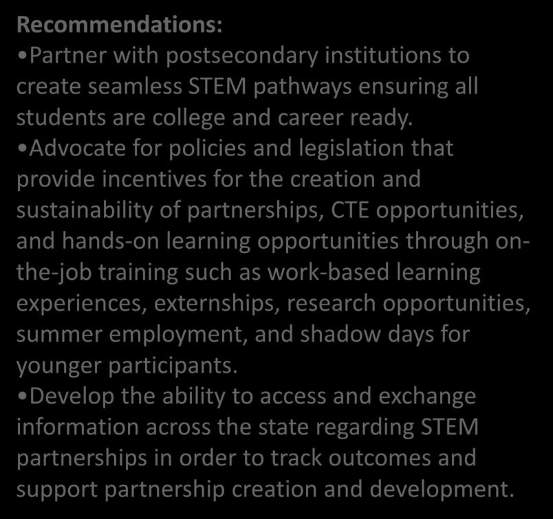 Recommendations: Partner with postsecondary institutions to create seamless STEM pathways ensuring all students are college and career ready.