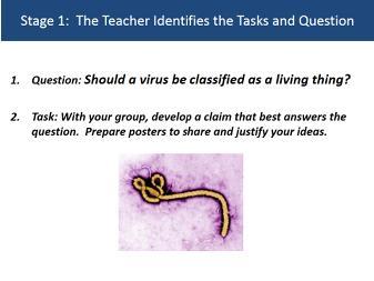 Engaging in Argument From Evidence Stage :. Show slide for Stage Identify the Tasks and Question. 2. Form groups of two or three. 3. Each group reads p23-27 Characteristics of Viruses 4.