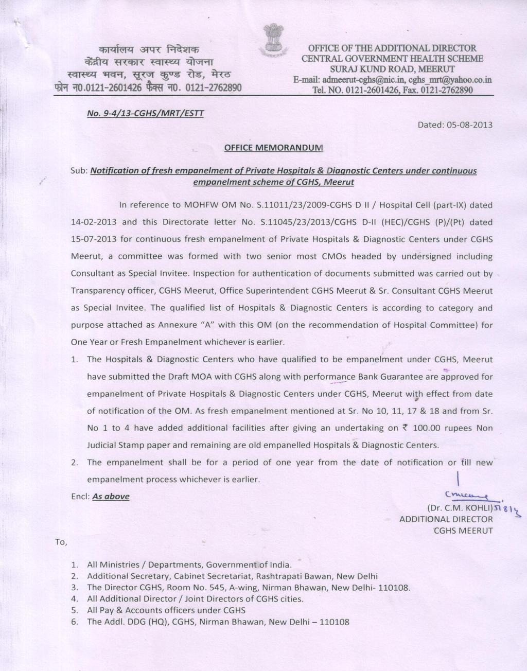 11011/23/2009-CGHS D II / Hospital Cell (part-ix) dated 14-02-2013 and this Directorate letter No. S.