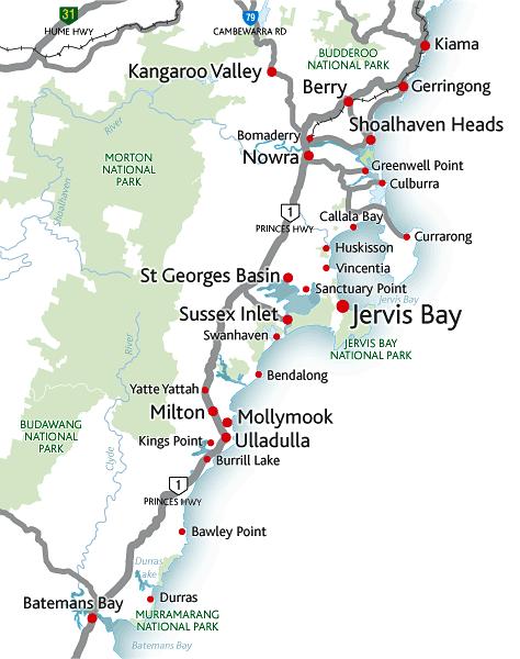 Nowra and the Shoalhaven region 160 km south of Sydney pop. 35,000 Rural town on the Shoalhaven River - the river offers fishing, boating and river cruises.