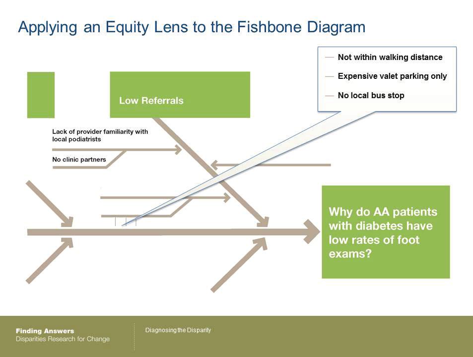 Applying an Equity Lens to the Fishbone Diagram 22 Slides 19-25: 17 minutes Why do African-Americans with diabetes have lower rates of foot exams than White patients?
