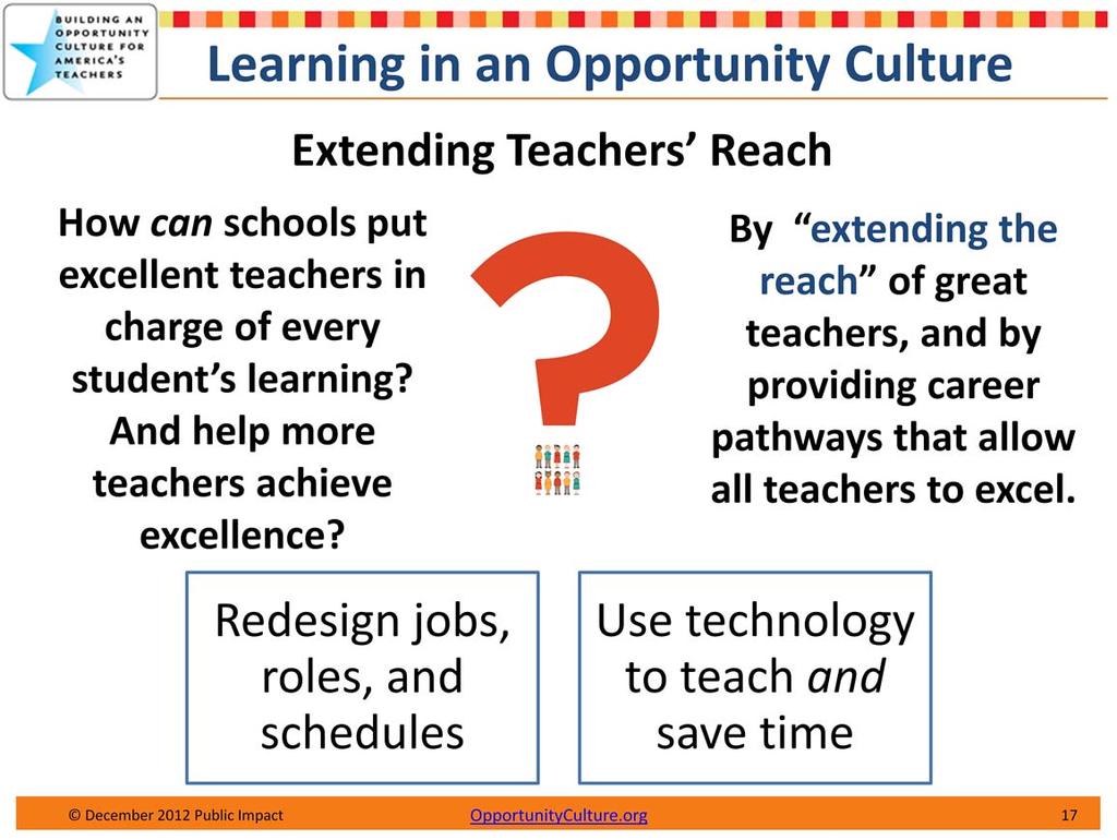 Schools can extend the reach of excellent teachers to more students by redesigning jobs and using technology to make the best use of teachers time.