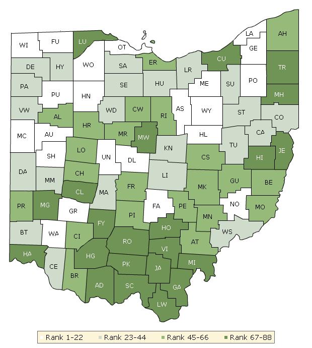 The maps on this page display Ohio s counties divided into groups by health rank.
