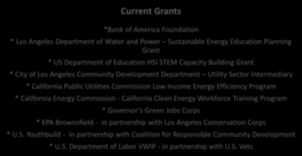Utility/Energy Programs Grant Activities Current Grants Energy/Utility Certificate *Bank & Degree of America Programs, Foundation Courses * Los Angeles Department of Water and Power Sustainable