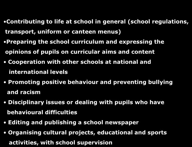 pupils on curricular aims and content Cooperation with other schools at national and international levels Promoting positive behaviour and preventing bullying and racism