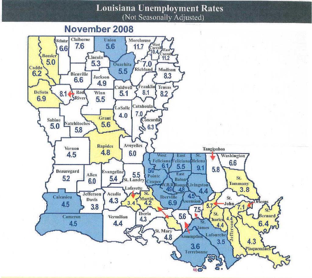Figure 4 : Louisiana Unemployment Rates Source: LMI Bulletin--Workforce at a Glance, Louisiana Workforce Commission, December 23, 2008 Though the unemployment rate for the state as a whole was low