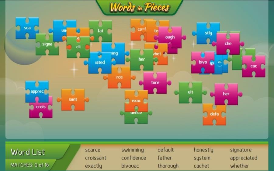 Words in Pieces: Match up two puzzle pieces to form a word.