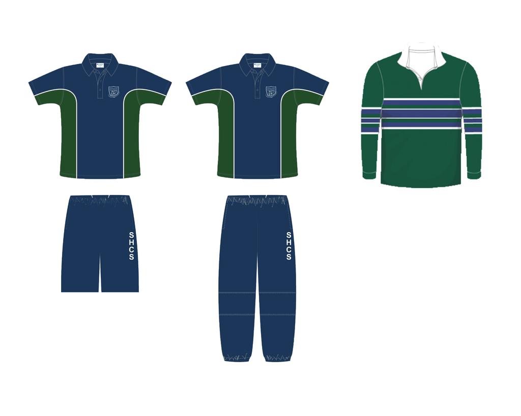 High School (7-12) Sport Uniform Girls & Boys: Blue & green polo shirt Blue shorts School sport jersey