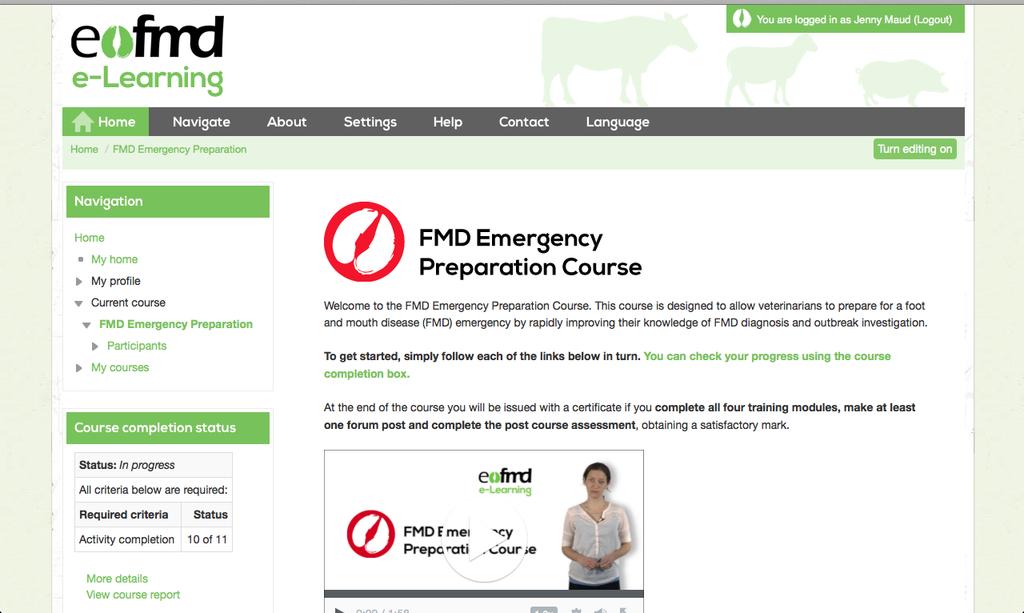 Online FMD Emergency Preparation Course This online course is designed to allow rapid and economically efficient dissemination of information regarding the diagnosis and investigation of FMD to a