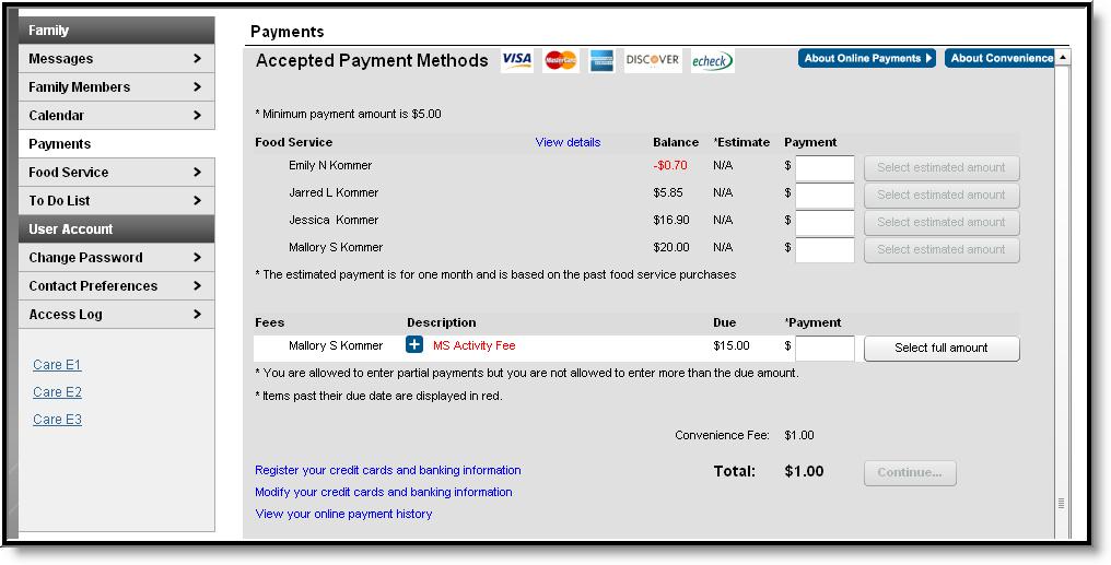 Image 12: Family Payments Users can click View your online payment history to view a Transaction History.