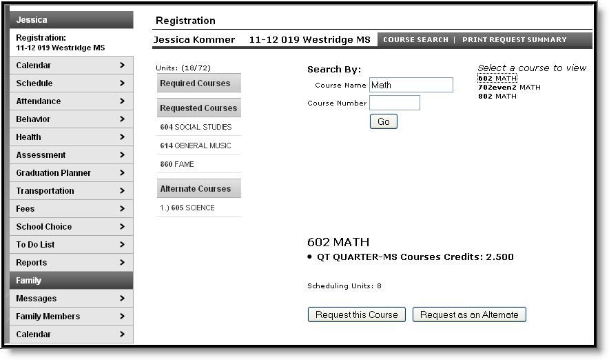 Image 17: Registration Any required courses are already listed in the Required Courses section. This list cannot be modified by the user.