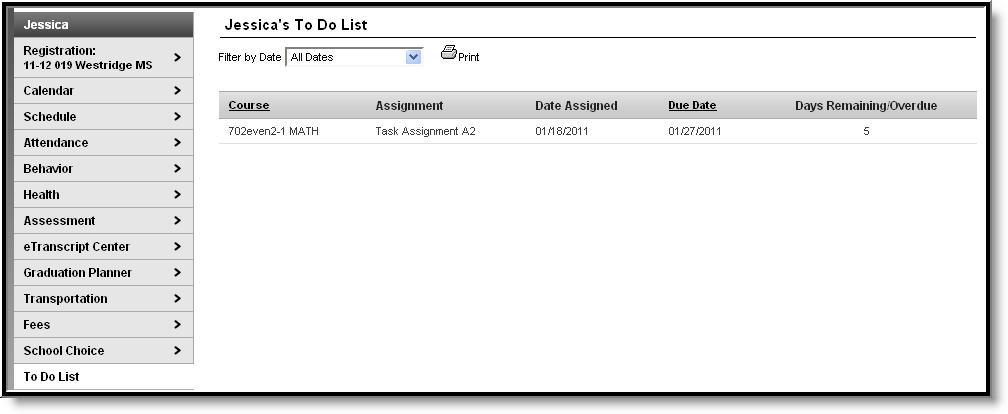Image 34: Student To Do List The To Do List can be filtered to show All Dates or only assignments for a specific month.