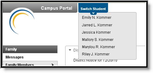 Navigating the Campus Portal Once logged in, an index of accessible information for the household as a whole is listed in the navigation pane located on the left hand side of the screen.