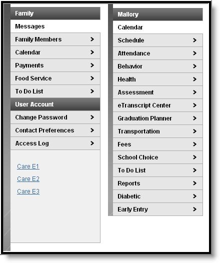 Image 6: Left-side Toolbar for a Family/Household and for a Student The following information is detailed in order of appearance, beginning with the Family and Student sections and then the User
