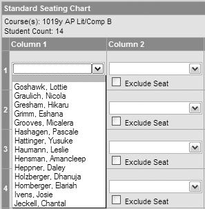 Seats can be filled one at a time using the dropdown lists on the chart, alphabetically by selecting the Auto Fill-Alpha button, or randomly by selecting the Auto Fill-Random button. 5.
