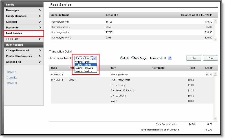 Individual Accounts When the Food Service icon is selected from the Portal index, the page will display account summary information.