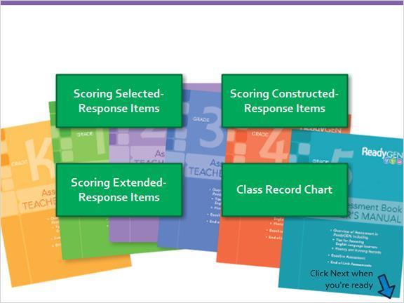 1.5 Scoring the Assessments Scoring information is located in the Assessment Book Teacher s Manual.