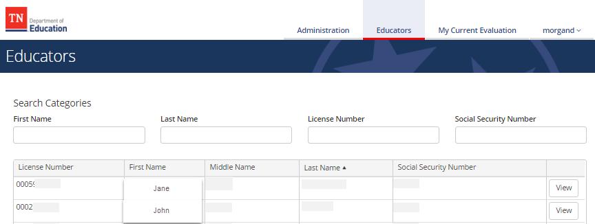 To locate an educator and view the educator's evaluation record: Click on the Educators tab to show a list of educators.
