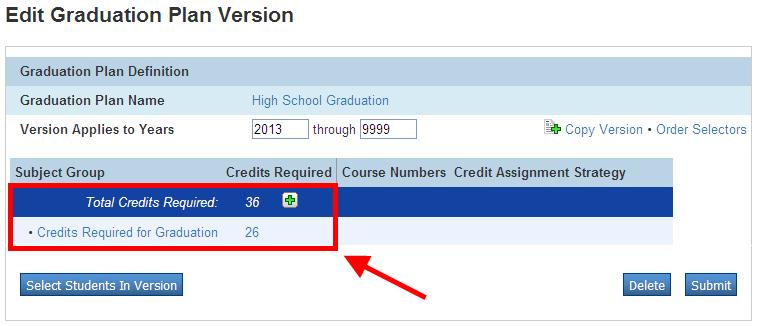 When you hover over Total Credits Required or any of the subject groups, the row will highlight in dark blue and display a button next to that group.