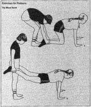 1. The Wheelbarrow: It develops arm, shoulder, and abdominal strength. o One participant kneels on the floor and places his hands down flat, directly under the shoulders.