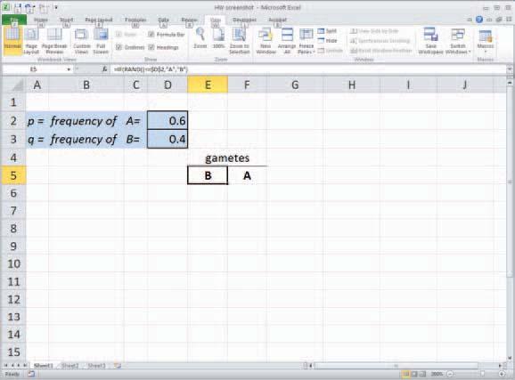 Note that the function entered in cell E5 is =IF(RAND()<=D$2, A, B ) Be sure to include the $ in front of the 2 in the cell address D2. It will save time later when you build onto this spreadsheet.
