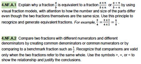 Number and Operations - Fractions (NF) Limited to fractions with denominators 2, 3, 4, 5, 6, 8, 10, 12, and 100. Cluster Headings 4.NF.A.