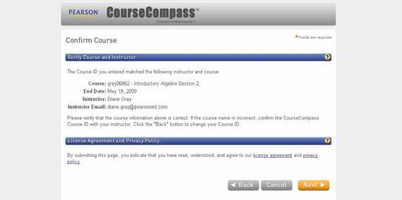 4. On the Confirm Course screen, verify that the course is correct and click on Next. 5.