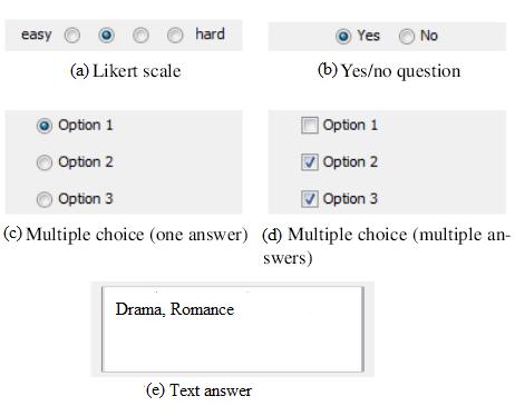 Figure 4.2: Questions answering options offered by EvalBench and used in the experiment (adopted and simplified from Aigner et al. [11]).