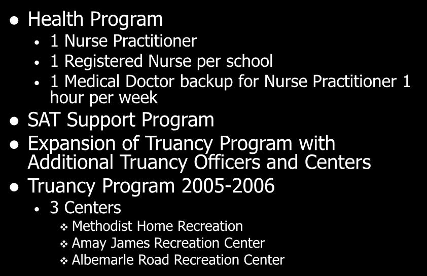 Program Adjustments for 2005-2006 Health Program 1 Nurse Practitioner 1 Registered Nurse per school 1 Medical Doctor